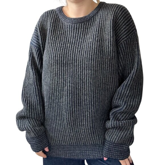 Vintage Mens Navy Blue Gray Ribbed 100% Wool Oversized Crew Neck Sweater Sz 1XL - Picture 4 of 9